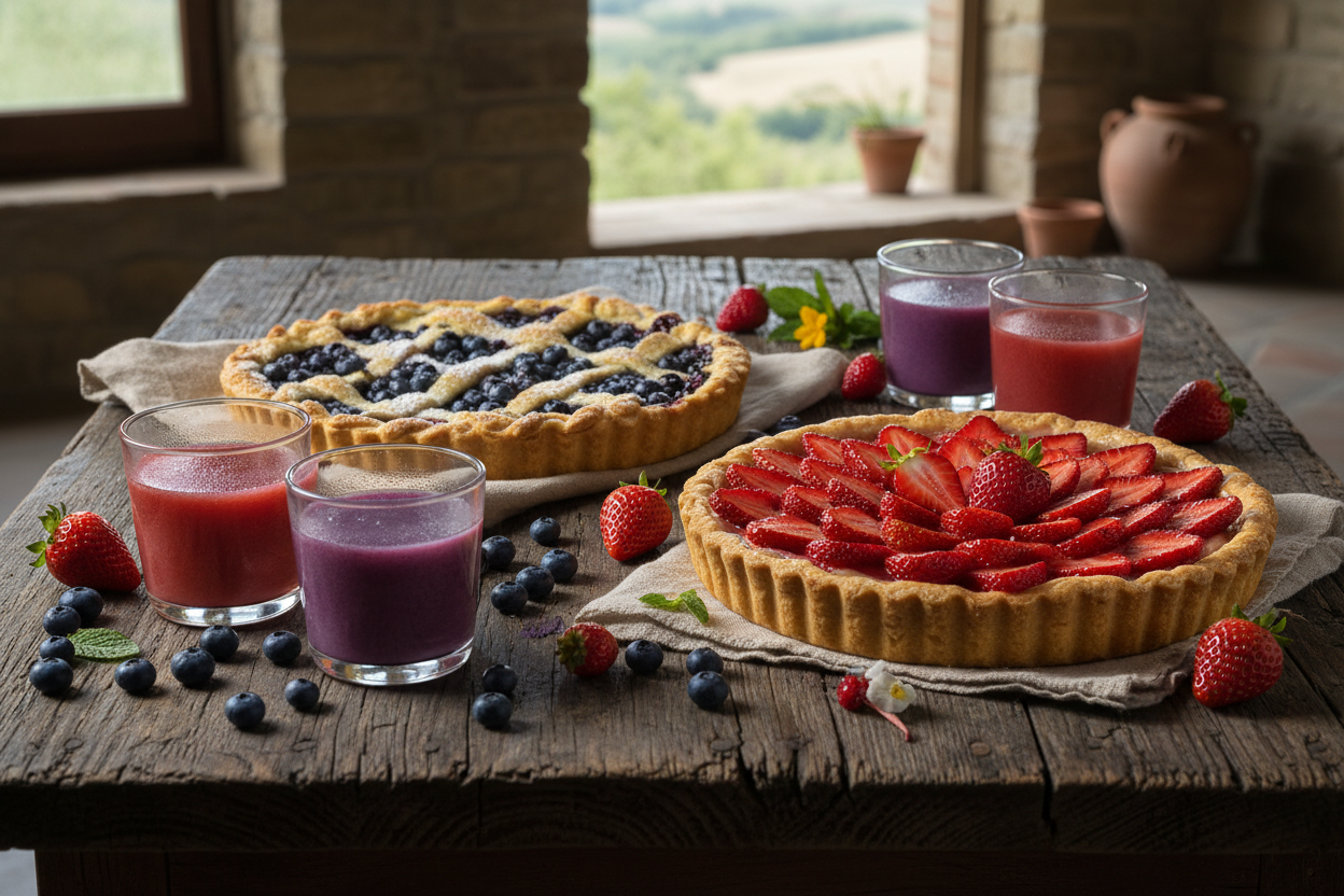 genera un immagine che riprende una crostata di mirtilli e una crostata di fragole su un tavolo in legno antichizzato e sparsi qui e la fragole, mirtilli, bicchieri contenente nettare di mirtillo e bicchieri contenenti nettare di fragola